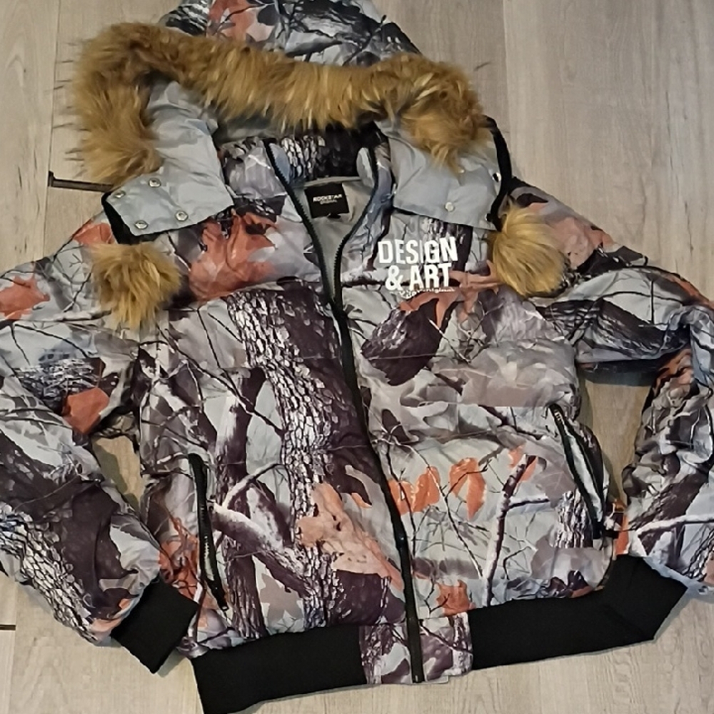 Ladies Rockstar Brand Plush Camouflage Jacket With Fur Hoodie